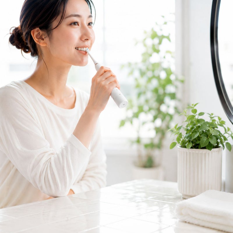 OralTechnology SonicBrush オーラルテクノロジー電動歯ブラシを洗面所で使用する女性のイメージ